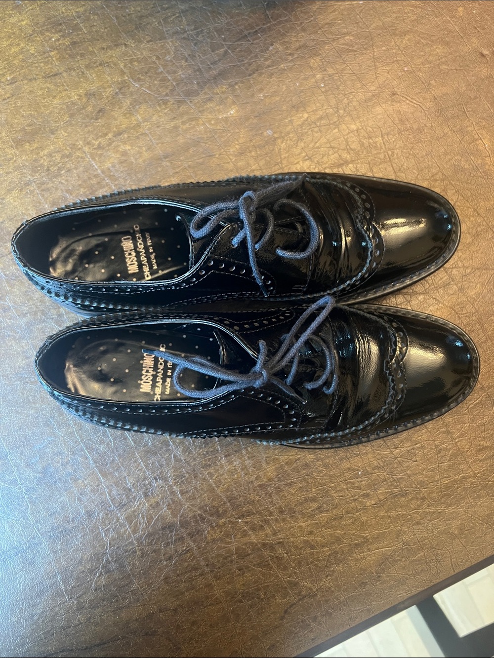 Moschino Black Patent Leather Brogue Derby Oxfords
